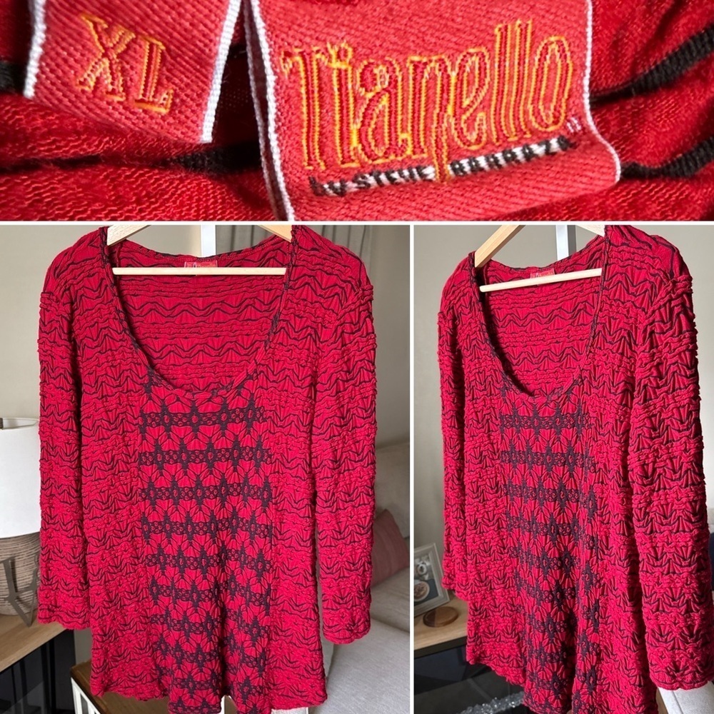 Tianello Women’s Ballet Tee Sz XL Red Black Textured Long Sleeve Rayon Blend